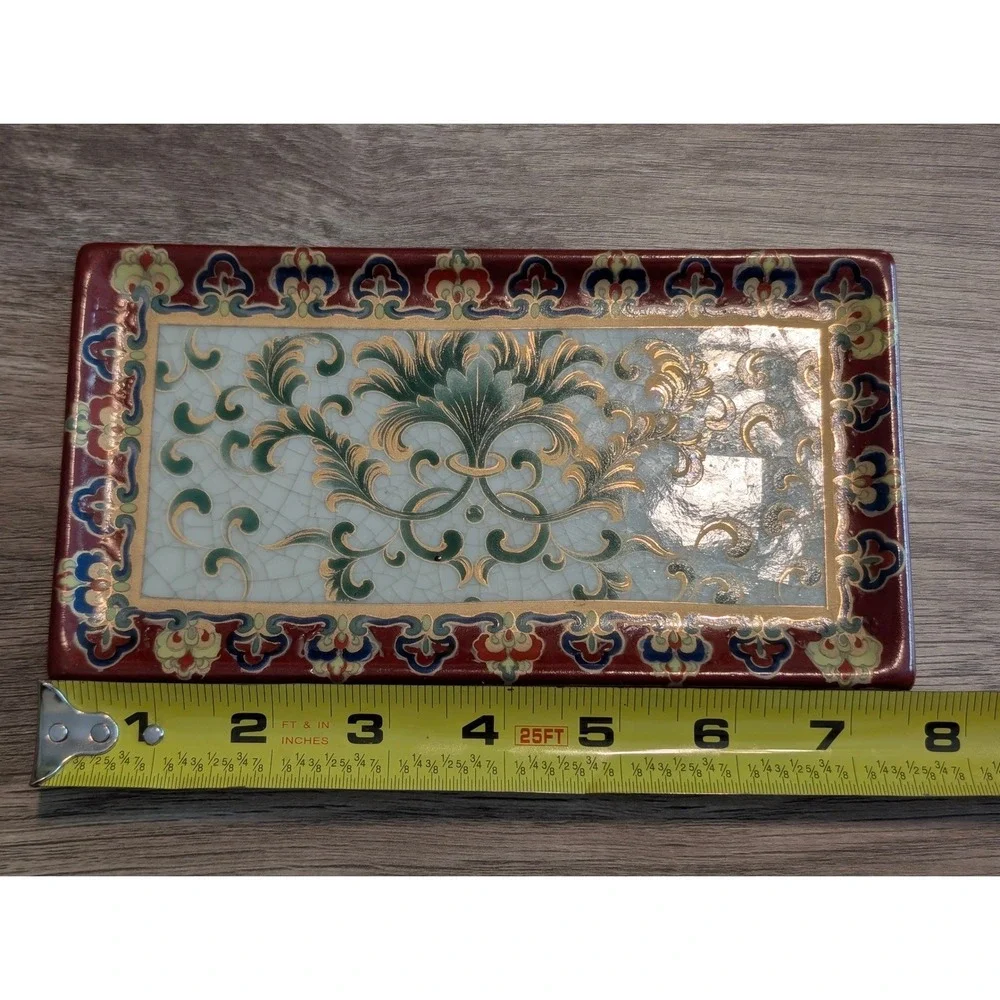 Amita Japanese Satsuma Style Rectangular Porcelain Tray Crackle Glass Floral